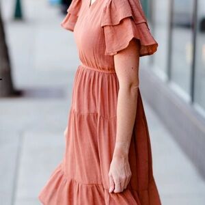 Elegant Ruffled Sleeve Dress in Terracotta